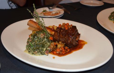 Braised Long Bone Short Rib, Roasted Carrots, Potato and a side of Creamed Spinach